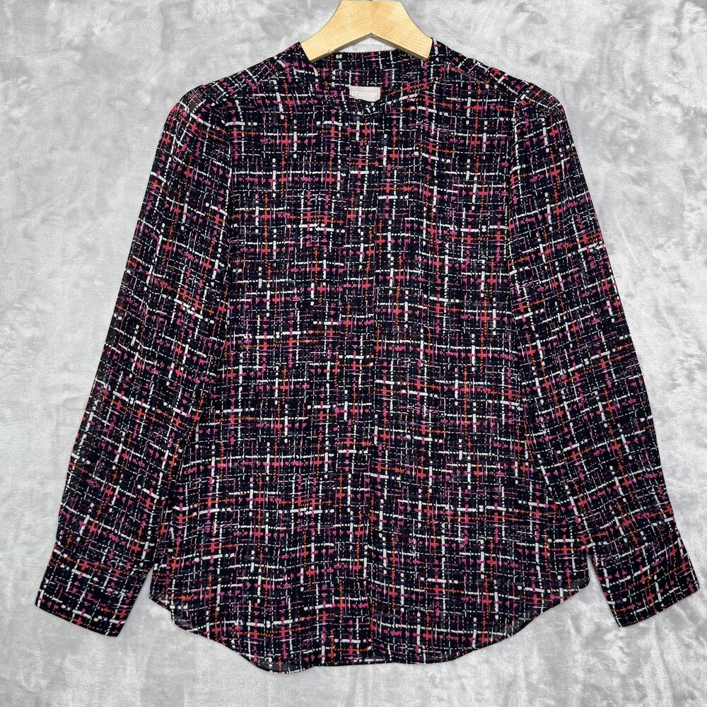 Chicos Blouse Womens 4 6 Blue Pink Multicolor Grid Print Button Down Sheer Top